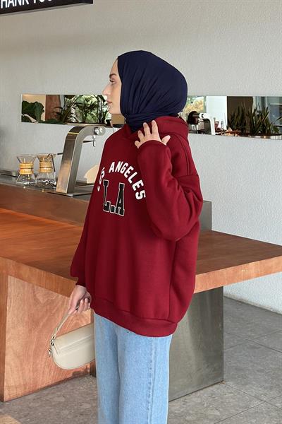 Los Angeles Baskılı Oversize Sweatshirt Bordo