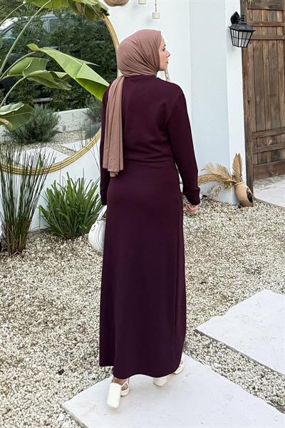 Büzgülü Tesettür Elbise Mürdüm