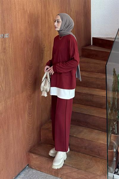 Fermuarlı Garnili Takım Bordo