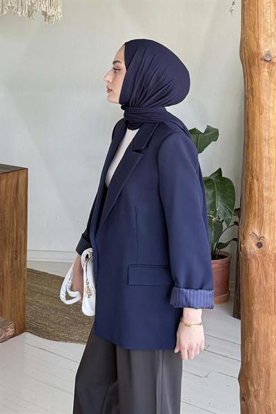 Çizgili Astarlı Tesettür Ceket Lacivert
