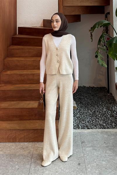 V Yaka Yelekl Takım Bej