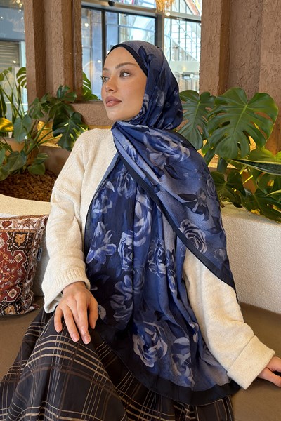 Çiçek Desen Bambu Şal Lacivert