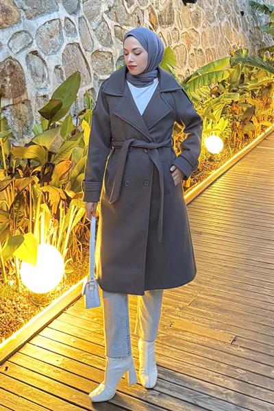 Omuz Filetolu Kol Apoletli Kaşe Kaban Antrasit