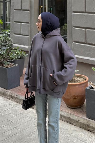 Kapüşonlu Oversize Yan Cepli Sweat Antrasit