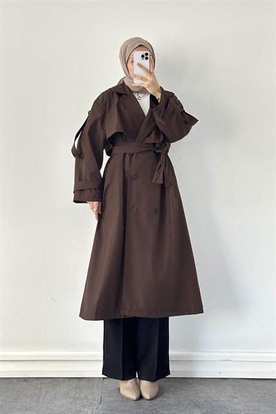 Uzun Apoletli Oversize Trenç Kahverengi
