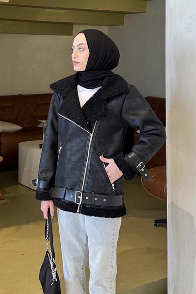 İçi Kürklü Biker Süet Mont Siyah