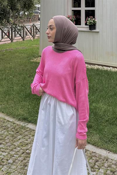 Kayık Yaka Triko Kazak Pembe