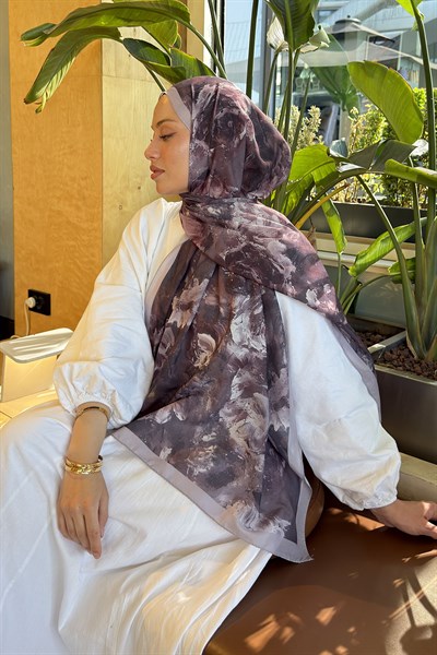 Gül Çiçek Desen Lara Soft Şal Soft Kahve