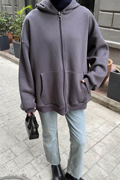 Kapüşonlu Oversize Yan Cepli Sweat Antrasit