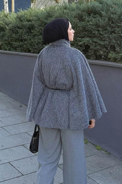 Düğmeli Kemerli Panço Gri
