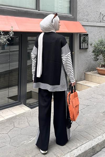 Yan Çizgili Panço Tesettür Takım Siyah
