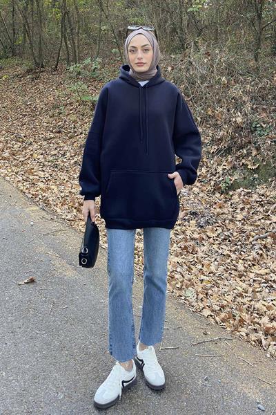 Üç İplik Kanguru Cep Sweatshirt Lacivert