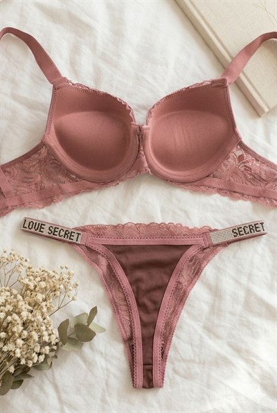 Dantel Taşlı Destekli Sütyen Takımı Pudra