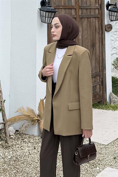 Çizgili Astarlı Tesettür Ceket Haki
