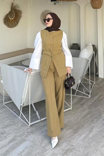 Keten Çift Cepli Yelek Takım Hardal Sarısı