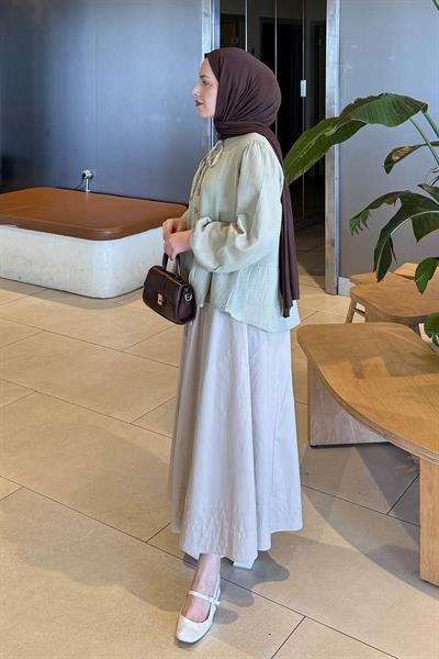 V Yaka Kolları Lastikli Müslim Tesettür Gömlek Çağla Yeşili