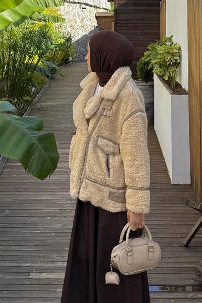 Biyeli Peluş Mont Bej