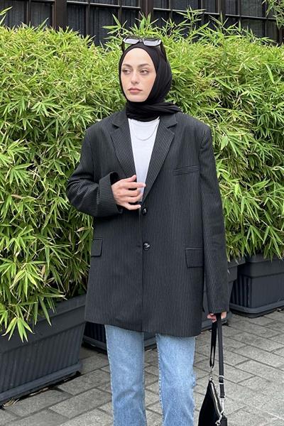 Çizgili Blazer Ceket Siyah