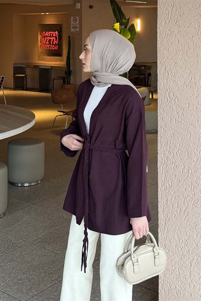 Örgü Bağlamalı Kimono Ceket Mürdüm