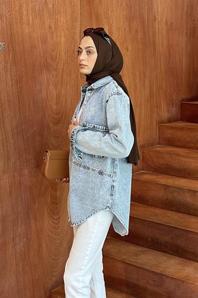 Çift Cep Detaylı Kot Gömlek Buz Mavisi