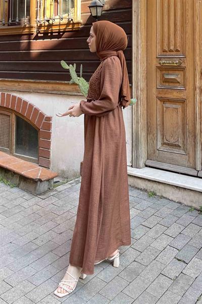 Dantel Örgü Detaylı Elbise Çikolata Kahve