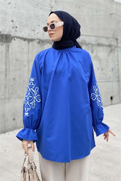 Kol Nakışlı Tunik Saks Mavisi