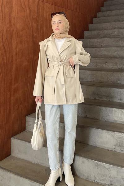 Kruvaze Yaka Kuşaklı Deri Ceket Krem