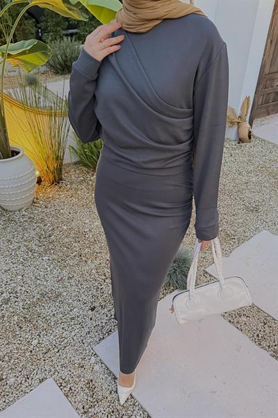 Büzgülü Tesettür Elbise Antrasit