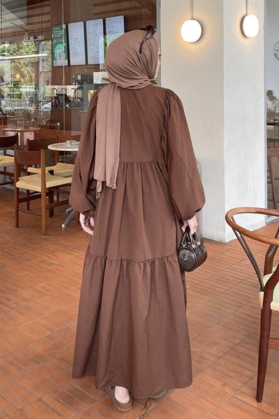 Balon Kol Katlı Yazlık Elbise Acı Kahverengi