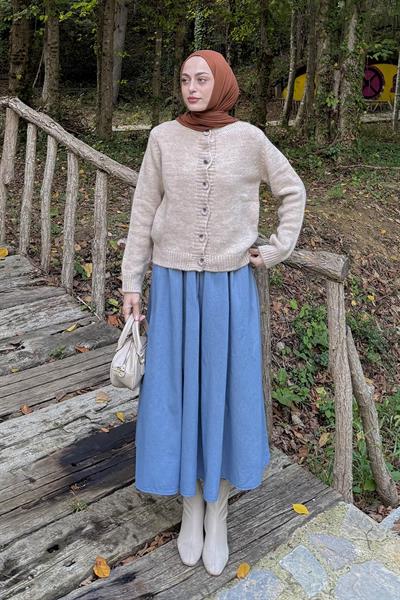 Bisiklet Yaka Kısa Hırka Bej