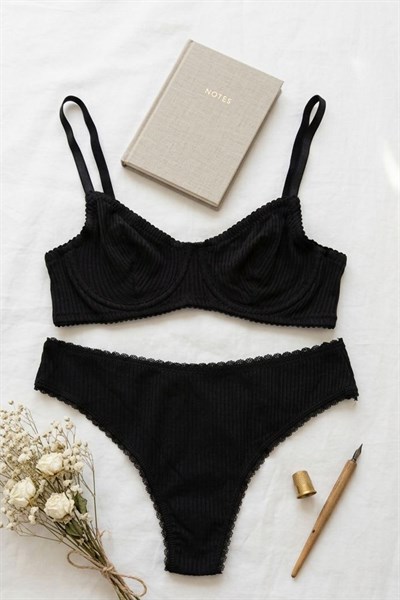 Fitilli Kaşkorse Sütyen Takım Siyah
