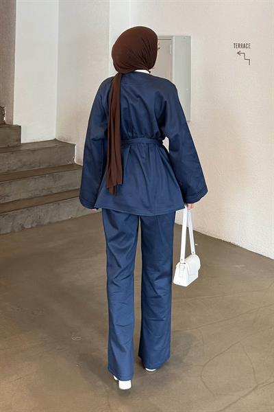 Kuşaklı Gabardin Takım Lacivert