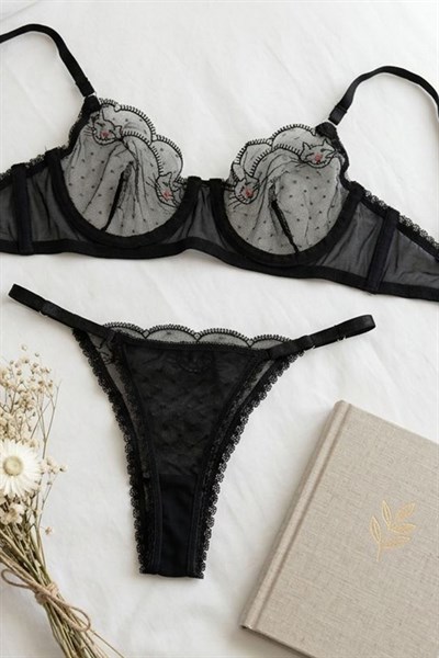 Kedi Desen Brode Takım Sütyen Takımı Siyah