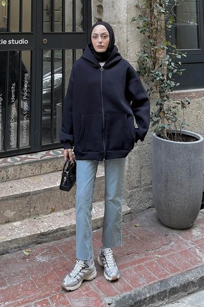 Kapüşonlu Oversize Yan Cepli Sweat Lacivert