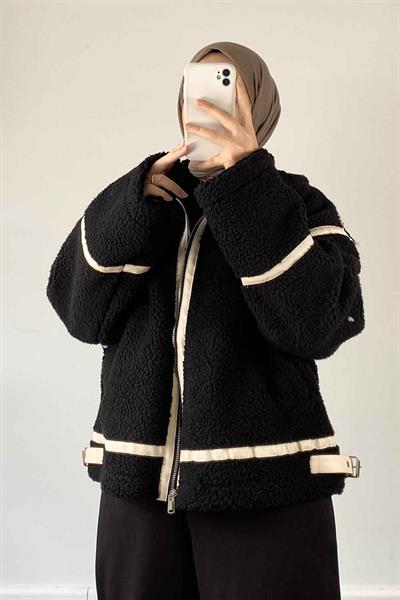 Kürklü Biker Mont Siyah