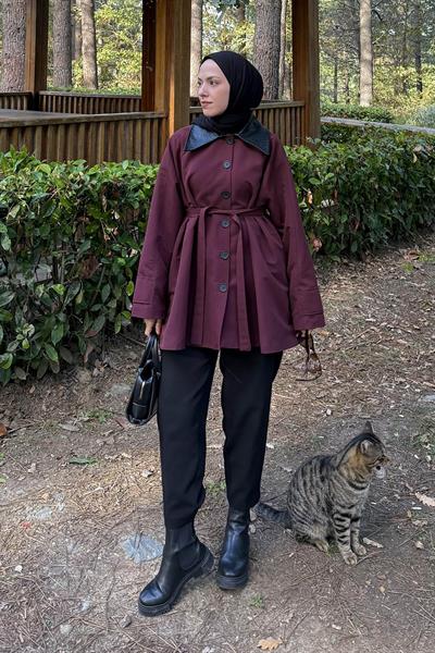 Garni Yaka Trençkot Bordo