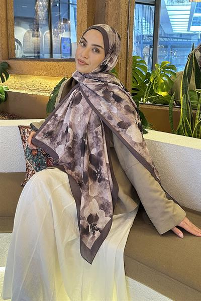 Batik Çiçek Desen Bambu Şal Soft Kahve