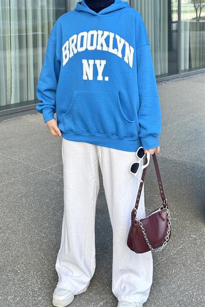 Brooklyn Baskılı Üç İplik Sweat Mavi