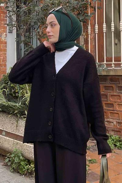 Şardonlu Düz Hırka Siyah