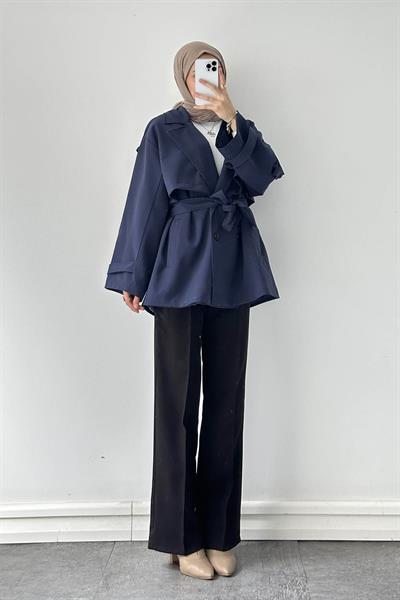 Omuz Apoletli Kısa Trençkot Lacivert