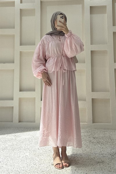 Büzgülü Düğme Detaylı Takım Pembe