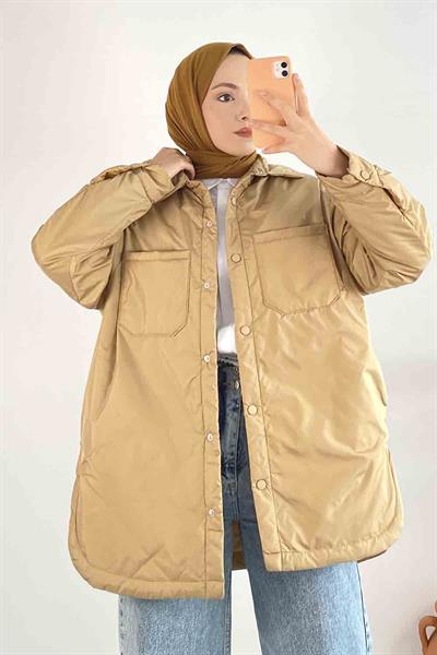 Çift Cepli Boydan Düğmeli Gizli Cepli Mont Camel