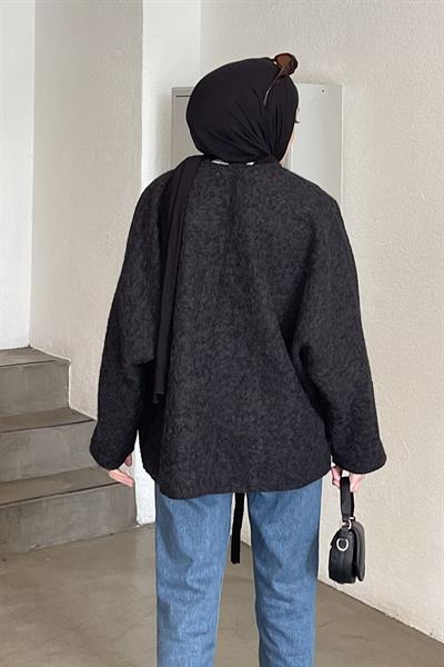 Bağlamalı Kaşe Kimono Siyah
