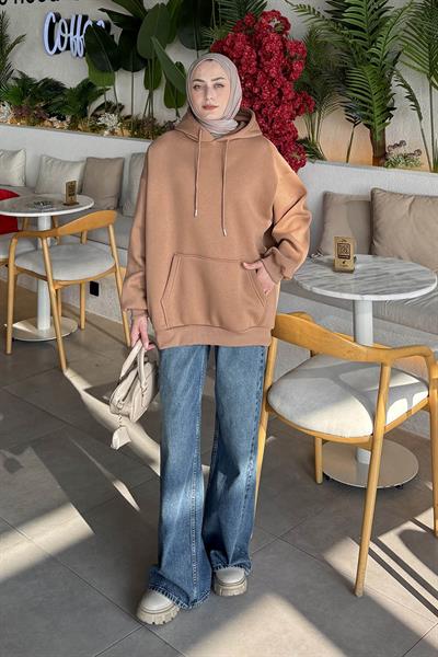 Üç İplik Kanguru Cep Sweatshirt Sütlü Kahve