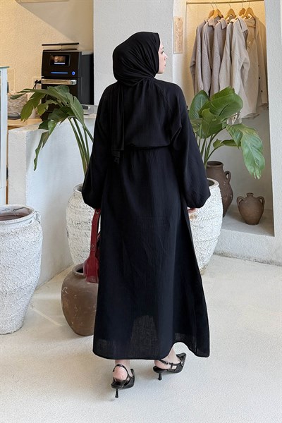 Balon Kol Bağlamalı Tesettür Elbise Siyah