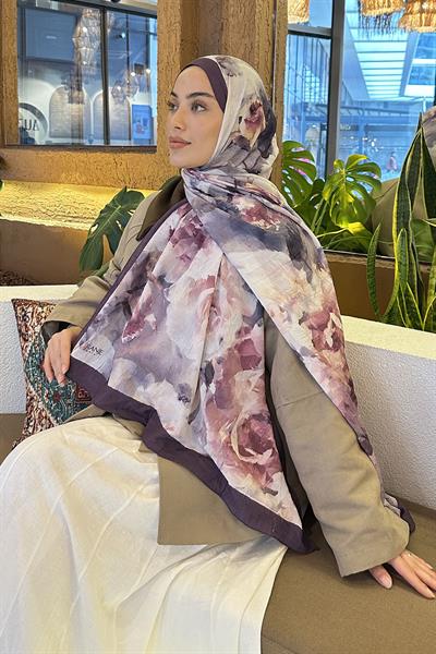Gül Desen Bambu Şal Eflatun