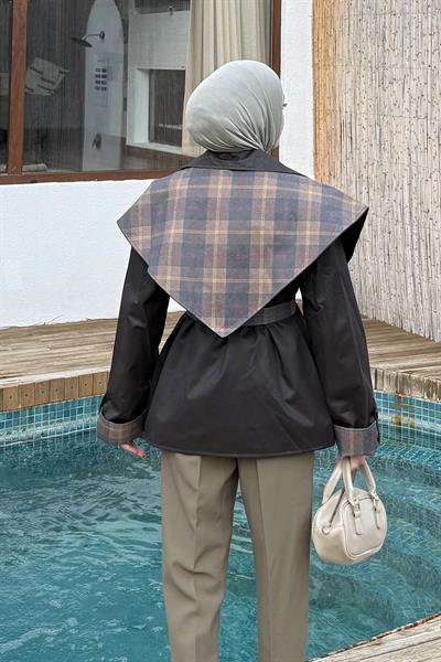 Ekose Yaka Bağlama Detaylı Mont Koyu Kahve