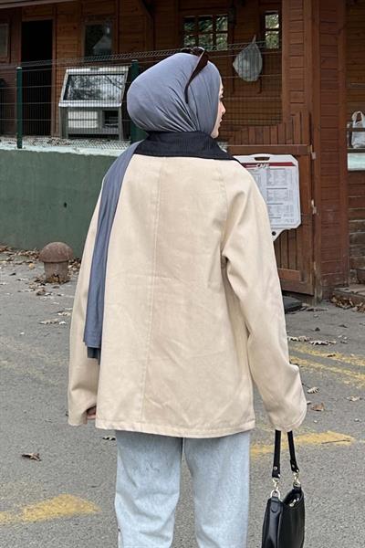 Yaka Detaylı Düğmeli Gabardin Ceket vizonrengi