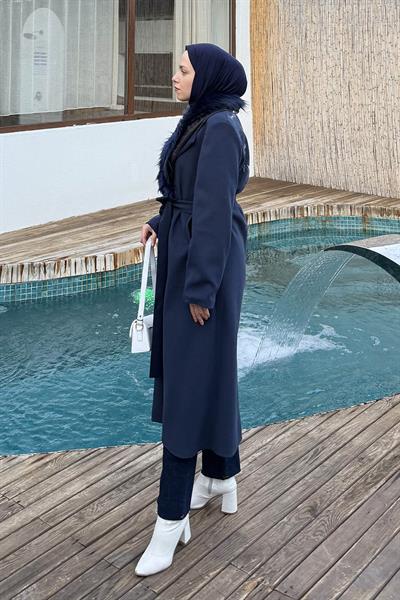 Kürk Yakalı Kaban Lacivert