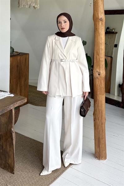 Pensli Ceket-Pantolon İkili Takım Krem